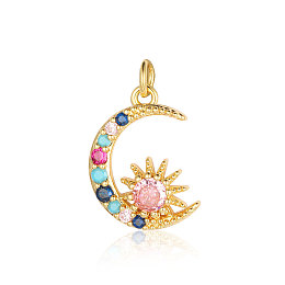 Honeyhandy Brass Micro Pave Colorful Cubic Zirconia Pendants, Moon Charms, Real 18K Gold Plated, 21x16x3.6mm