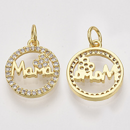 Honeyhandy For Mother's Day, Brass Micro Pave Cubic Zirconia Pendants, with Jump Rings, Flat Round with Word Mama, Clear, Real 18K Gold Plated, 15x13x2mm, Hole: 3mm, Ring: 5x1mm