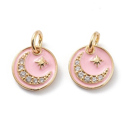 Honeyhandy Brass Micro Pave Clear Cubic Zirconia Charms, with Pink Enamel, Long-Lasting Plated, With Jump Rings, Flat Round with Moon and Star, Real 18K Gold Plated, 10x1.5mm, Hole: 3mm, Jump Ring: 5x1mm