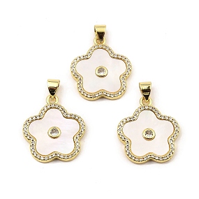 Rack Plating Real 18K Gold Plated Brass Pendants, with Cubic Zirconia and Shell, Long-Lasting Plated, Lead Free & Cadmium Free, Flower, Seashell Color, 21x18x2.5mm, Hole: 5x3.5mm