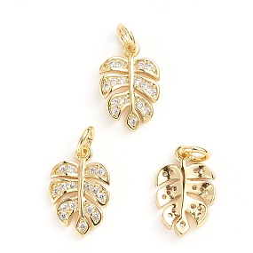 Honeyhandy Brass Micro Pave Cubic Zirconia Pendants, Tropical Leaf Charms, with Jump Ring, Monstera Leaf, Clear, Golden, 14.5x9.5x2mm, Hole: 3mm