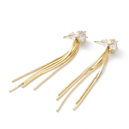 Honeyhandy Brass Snake Chain Tassel Earrings, with Cubic Zirconia, Steel Pin and Plastic Ear Nuts, Long-Lasting Plated, Real 18K Gold Plated, 66x8x5mm, Pin: 0.8mm