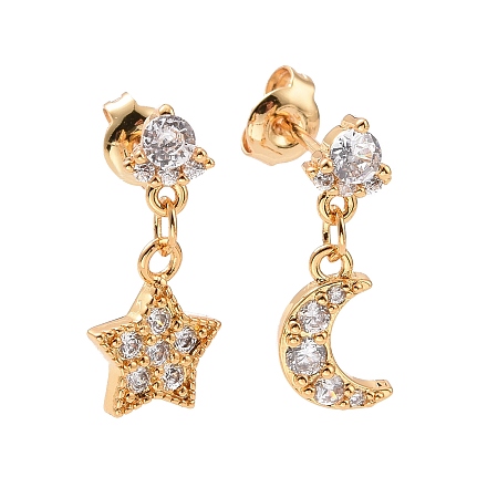 Honeyhandy Clear Cubic Zirconia Moon & Star Dangle Stud Earrings, Rack Plating Brass Asymmetrical Earrings for Women, Cadmium Free & Lead Free, Real 18K Gold Plated, 17mm, Pin: 0.7mm