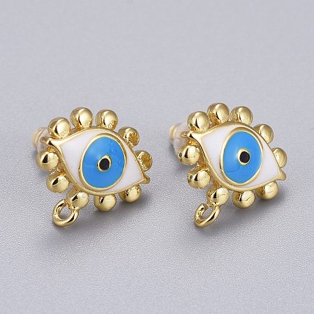 Honeyhandy Brass Stud Earring Findings, with Enamel and Plastic Ear Nuts, Long-Lasting Plated, Evil Eye, Real 18K Gold Plated, 12.5x13mm, Hole: 1.2mm, Pin: 0.9mm