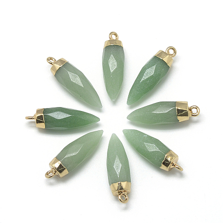 NBEADS Natural Green Aventurine Pointed Pendants, with Brass Findings, Faceted, Bullet, Golden, 25~27x8mm, Hole: 2mm