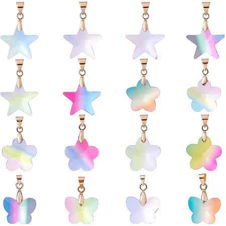 CHGCRAFT 18Pcs 3Styles Rainbow Crystal Glass Pendants with Brass Findings Bulk for Christmas Jewelry Making Necklace DIY Star Flower Butterfly