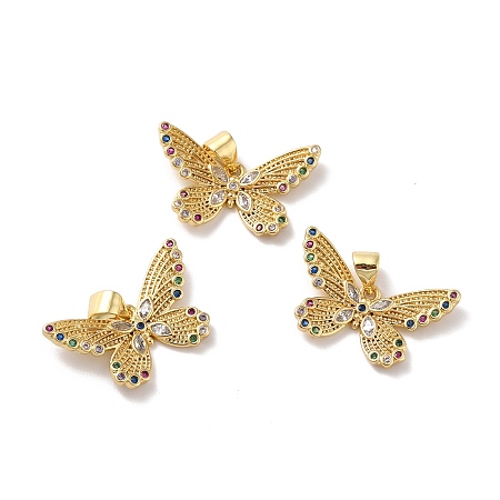 Honeyhandy Rack Plating Brass Micro Pave Cubic Zirconia Pendants, Cadmium Free & Lead Free, Real 18K Gold Plated, Butterfly, Mixed Color, 13x22x2mm, Hole: 4x3.6mm