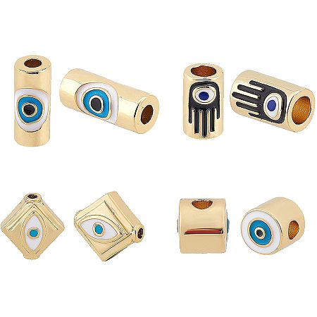 CHGCRAFT 12Pcs 6Styles Brass Enamel Beads Evil Eye Charms Set Gold Plated Alloy Enamel Evil Eye Beads Crystal Spacer Beads Stain Nylon Trim Cord for Jewelry Making