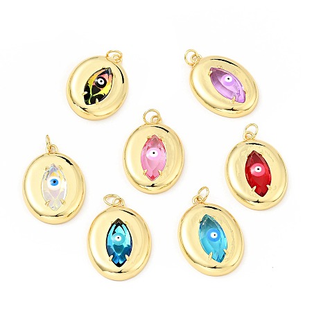Rack Plating Brass Cubic Zirconia Pendants, with Enamel, Long-Lasting Plated, Lead Free & Cadmium Free & Nickel Freel, Real 18K Gold Plated, Oval with Evil Eye, Mixed Color, 26x18x5mm, Hole: 3mm, Jump Ring: 5x1mm, 3mm Inner Diameter