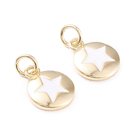 Honeyhandy Brass Enamel Charms, with Jump Rings, Long-Lasting Plated, Flat Round with Star, White, Real 18K Gold Plated, 12.5x10x2mm, Hole: 3mm