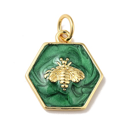 Honeyhandy Rack Plating Brass Enamel Pendants, with Jump Ring, Cadmium Free & Nickel Free & Lead Free, Real 18K Gold Plated, Hexagon with Bee, Sea Green, 15x14x2.5mm, Hole: 3.6mm