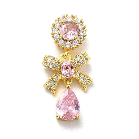 Honeyhandy Brass Micro Pave Clear Cubic Zirconia Pendants, with Pink Glass, Bowknot with Teardrop, Real 18K Gold Plated, 27mm, Hole: 5.5x2mm