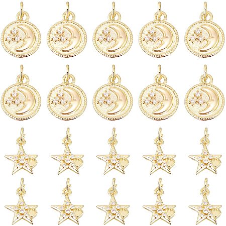 NBEADS 20 Pcs 2 Style Cubic Zirconia Pendant Charms, 18K Gold Plated Moon and Star Charms Micro Pave CZ Flat Round Brass Pendant for Jewelry Making