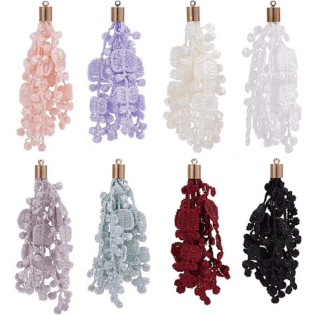 PandaHall Elite 32pcs 8 Colors Flower Tassels 2.8 Inches Silk Lace Tassels Charms Pendants Big Key Chain Tassels for Bohemian Earring Jewelry Necklace Making Accessories