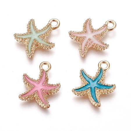 Honeyhandy Alloy Enamel Pendants, Starfish/Sea Stars, Light Gold, Mixed Color, 18x14.5x3mm, Hole: 1.4mm