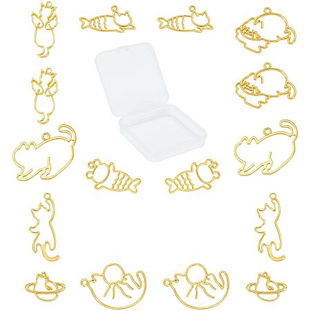 SUNNYCLUE 1 Box 16Pcs 8 Styles Cat Kitten Open Back Bezel Pendants Metal Dangle Hollow Frame Charms for UV Resin Crafts Jewelry Making