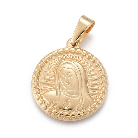 Honeyhandy 304 Stainless Steel Pendants, Flat Round with Virgin Mary, Golden, 29x25.5x3.5mm, Hole: 5x9mm