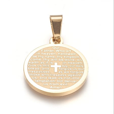 Honeyhandy 304 Stainless Steel Pendants, Flat Round with Lord's Prayer Cross, Golden, 21x18x1.5mm, Hole: 6x4mm