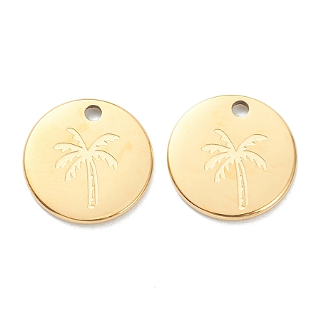 Honeyhandy 304 Stainless Steel Charms, Flat Round with Coconut Tree, Real 18K Gold Plated, 11.5x1mm, Hole: 1.5mm