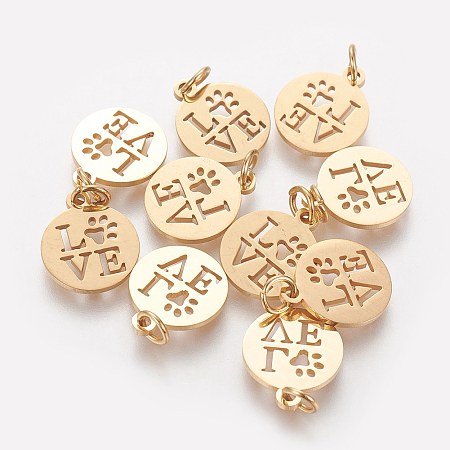 304 Stainless Steel Pendants, Flat Round with Word Love, Golden, 14x12x1mm, Hole: 3mm