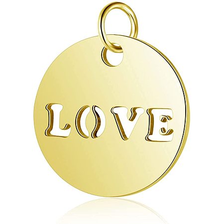 DICOSMETIC 5Pcs 12mm Stainless Steel Flat Round with Word Love Charms Golden Love Message Tag Charms Metal Love Pendnats for Bracelet Necklace Earrings Making