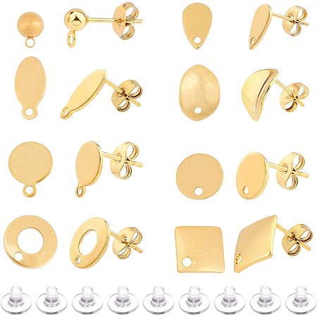 UNICRAFTALE About 90pcs 9 Mixed Shape Hypoallergenic Stud Earring with 110pcs Earring Backs Stainless Steel Earring Post with Hole Earring Components for Jewelry Making Golden,0.7/0.8mm Pin