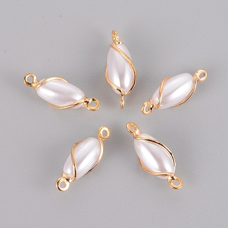 Arricraft Brass Links/Connectors, with ABS Plastic Imitation Pearl, Oval, Real 18K Gold Plated, 13~14x5x4mm, Hole: 0.8mm