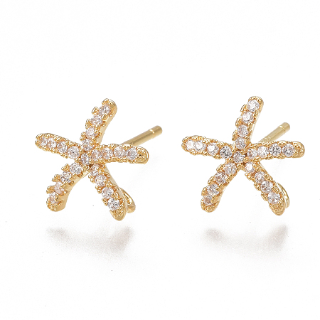 Honeyhandy Brass Stud Earring Findings, with Loop and Cubic Zirconia, Real 18K Gold Plated, Starfish/Sea Stars, Clear, 9.5x10mm, Hole: 1mm, Pin: 0.8mm