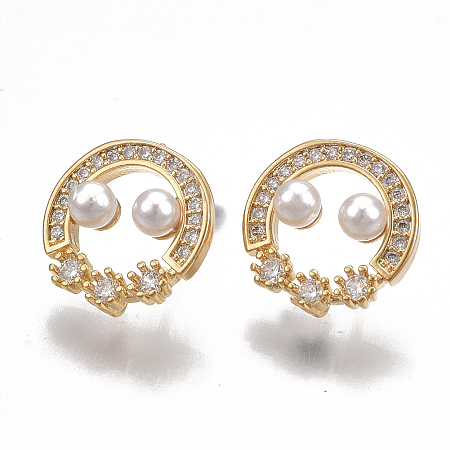 ARRICRAFT Brass Stud Earring Findings, with Loop, ABS Plastic Imitation Pearl,  Cubic Zirconia and 925 Sterling Silver Pins, Real 18K Gold Plated, Clear, 12mm, Hole: 1mm, Pin: 0.8mm