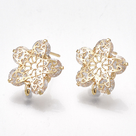 ARRICRAFT Brass Stud Earring Findings, with Cubic Zirconia and Loop, Real 18K Gold Plated, Flower, Clear, 15.5x15mm, Hole: 1.8mm, Pin: 0.8mm