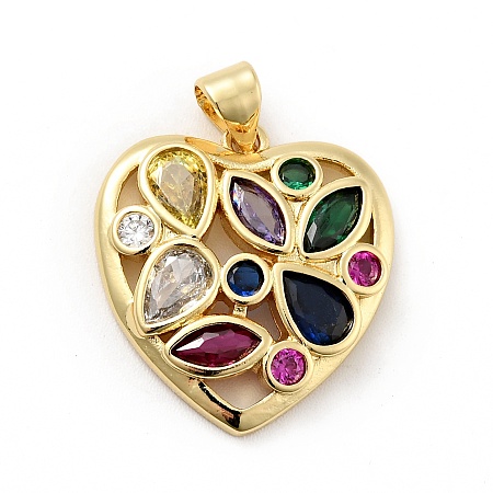 Honeyhandy Rack Plating Brass Micro Pave Colorful Cubic Zirconia Pendants, Long-Lasting Plated, Lead Free & Cadmium Free, Heart, Real 18K Gold Plated, 21x19.5x4mm, Hole: 3.5x4mm