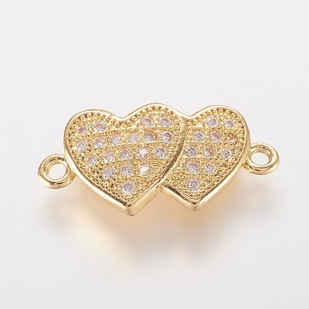 Honeyhandy Brass Micro Pave Cubic Zirconia Links, Heart with Heart, Golden, 18x8x2.5mm, Hole: 1mm