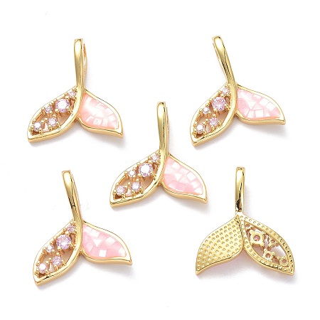 Arricraft Brass Micro Pave Plum Cubic Zirconia Pendants, with Enamel and Shell, Long-Lasting Plated, Mermaid, Real 18K Gold Plated, 21x18x4mm, Hole: 6x3mm