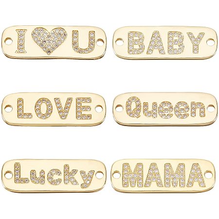 NBEADS 6 Pcs Brass Rectangle Pendants, 6 Styles Brass Rectangle Links Connectors with Words Love/Mama/Lucky/Queen Cubic Zirconia Charms for Jewelry Necklace Bracelet Making, Golden