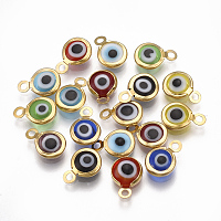 Honeyhandy Handmade Lampwork Charms, with 304 Stainless Steel Findings, Flat Round with Evil Eye, Golden, 9.5x6.5x2.5mm, Hole: 1.5mm
