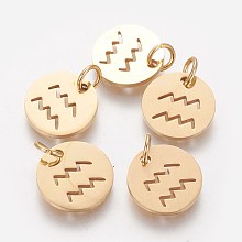 Honeyhandy 304 Stainless Steel Pendants, with Jump Ring, Laser Cut, Flat Round with Constellation/Zodiac Sign, Golden, Aquarius, 12x1mm, Hole: 3mm