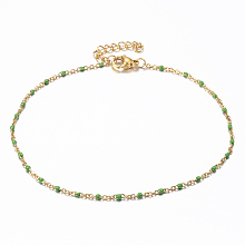 Honeyhandy 304 Stainless Steel Cable Chain Anklets, with Enamel Links, Golden, Lawn Green, 9 inch(23cm), 1.5~2mm