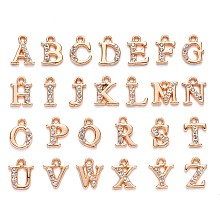 Honeyhandy Alloy Rhinestone Charms, Alphabet, Letter A~Z, Crystal, Light Gold, 12.5~13.5x5.5~12x2.5mm, Hole: 1.4mm, 26pcs/set