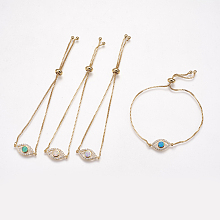 Honeyhandy Adjustable Brass Bolo Bracelets, Slider Bracelets, with Synthetic Opal and Cubic Zirconia, Eye, Golden, Mixed Color, 8-3/4 inch(222mm), 1mm, Link: 20x9x3mm