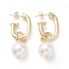 Honeyhandy Brass Oval with ABS Pearl Dangle Stud Earrings for Women, White, 47mm, Pin: 0.7mm