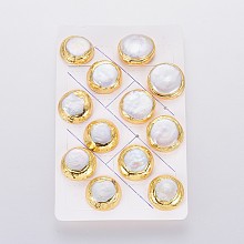 Honeyhandy Natural Pearl Stud Earrings, with Brass Findings, Brass Ear Nuts, Earring Backs, with Plastic, Flat Round, White, Golden, 20~22x6.5~8mm, Pin: 0.8mm