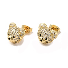 Honeyhandy Cubic Zirconia Bear Stud Earrings, Real 18K Gold Plated Brass Jewelry for Women, Cadmium Free & Lead Free, Clear, 10x12mm, Pin: 0.7mm