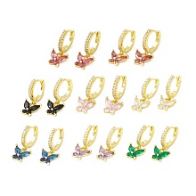 Honeyhandy Cubic Zirconia Butterfly Dangle Hoop Earrings, Real 18K Gold Plated Brass Drop Earrings, Lead Free & Cadmium Free, Mixed Color, 21mm, Pin: 0.8mm