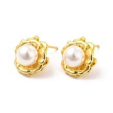 Honeyhandy ABS Imitation Pearl Beaded Flower Stud Earrings, Brass Jewelry for Wome, Cadmium Free & Lead Free, Real 18K Gold Plated, 15mm, Pin: 0.9mm