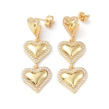 Honeyhandy Clear Cubic Zirconia Heart Dangle Stud Earrings, Brass Jewelry for Women, Cadmium Free & Lead Free, Real 18K Gold Plated, 44mm, Pin: 0.8mm