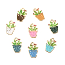 Alloy Enamel Pendants, Potted Plant Charm, Golden, Mixed Color, 22x14.5x1.5mm, Hole: 2.5mm