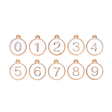 Honeyhandy Light Gold Plated Alloy Enamel Charms, Enamelled Sequins, Flat Round with Number, Number 0~9, White, 14.5x12x2.5mm, Hole: 1.4mm, 10pcs/set