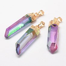 Honeyhandy Electroplate Natural Quartz Crystal Pointed Pendants, with Brass Findings, Faceted, Bullet, Golden, 43~65x9~15x8~15mm, Hole: 5x8mm