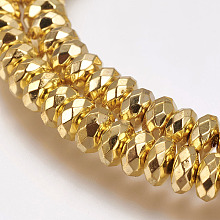 Honeyhandy Non-Magnetic Synthetic Hematite Bead Strands, Flat Round, Faceted, Golden Plated, 6x3mm, Hole: 1mm, about 130pcs/strand, 15.7 inch(40cm)