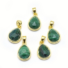 Honeyhandy Natural Malachite Pendants, with Golden Tone Brass Findings, teardrop, Faceted, 14.5x9.5x5mm, Hole: 2.5x3.5mm